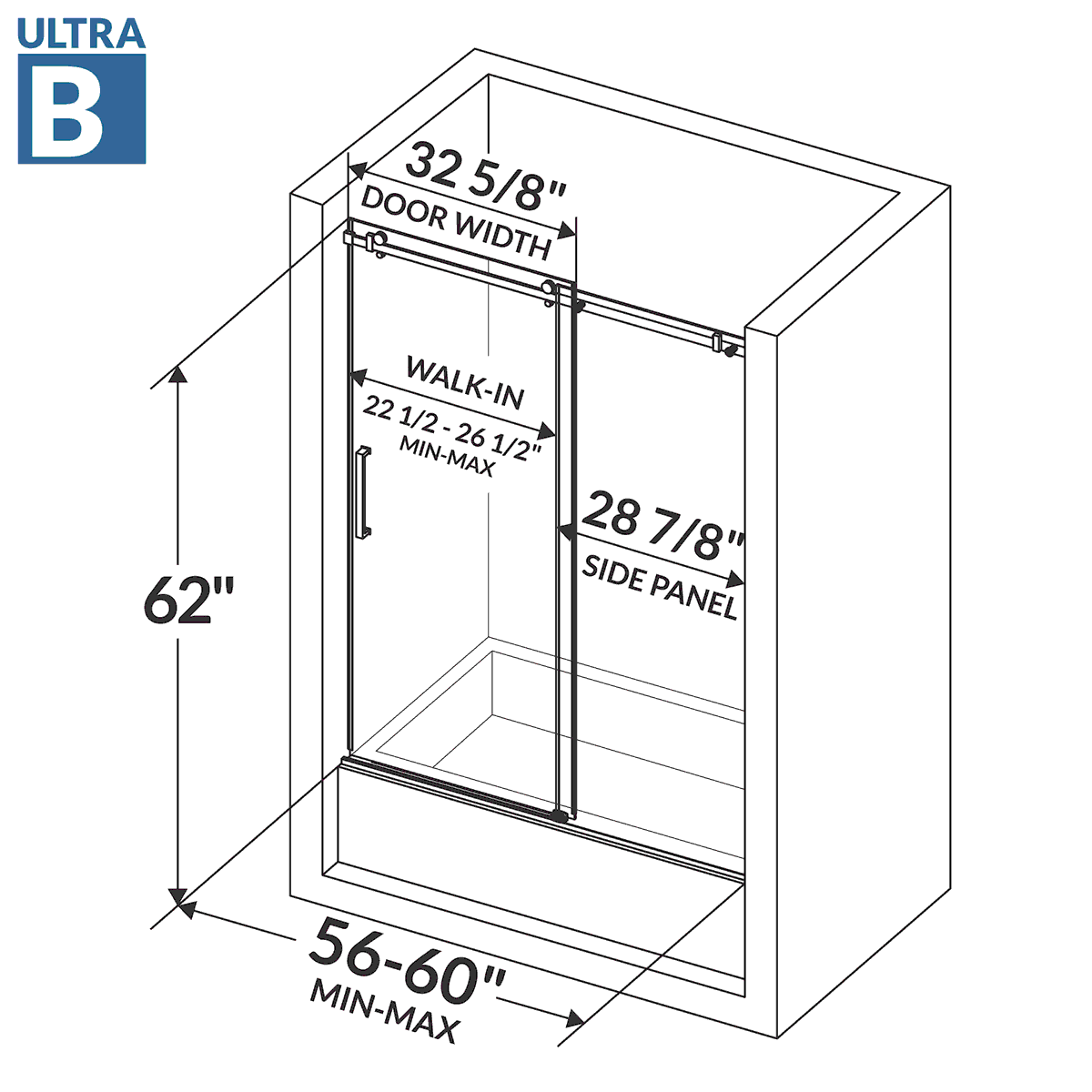 56-60 W x 62 H Sliding Bathtub Semi-Frameless Door ULTRA-B with Clear Glass in Brushed Nickel
