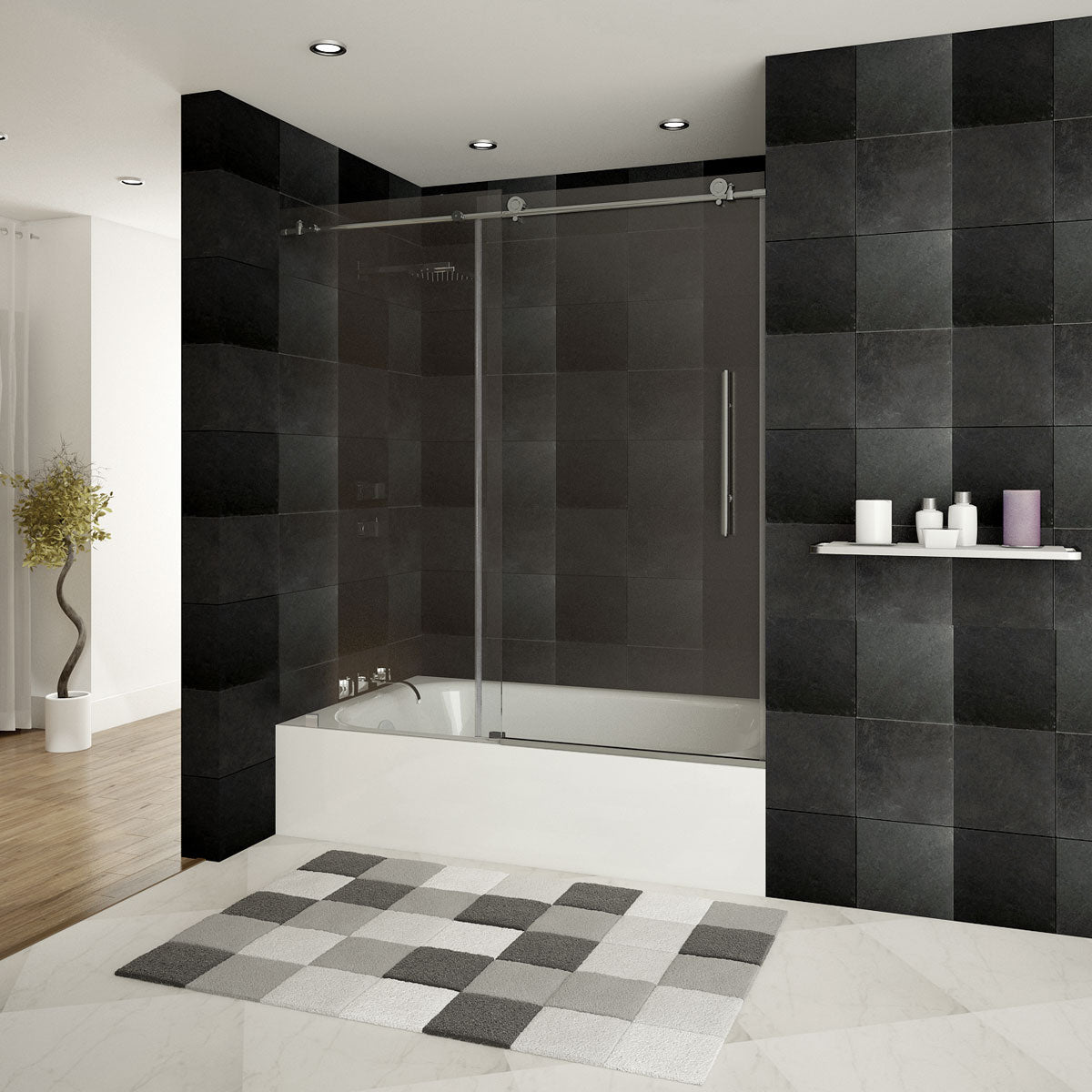 56-60 W x 62 H Sliding Frameless Bathtub Door ULTRA-C with Clear Glass in Brushed Nickel - Shower Doors