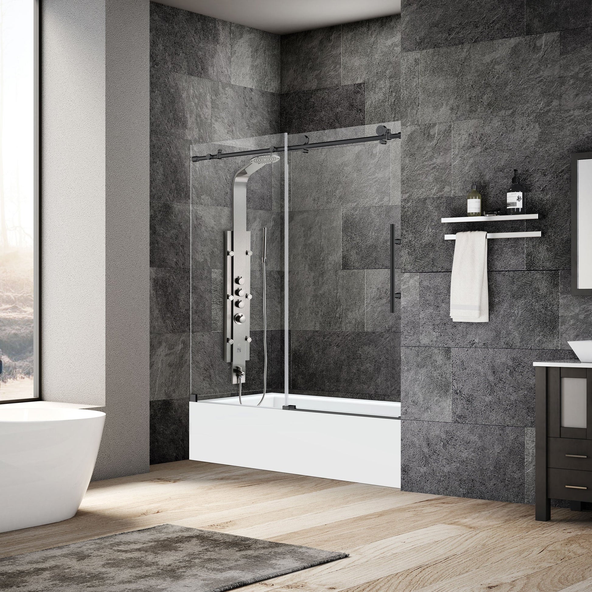 56-60 W x 62 H Sliding Frameless Bathtub Door ULTRA-C with Clear Glass in Matte Black - Shower Doors