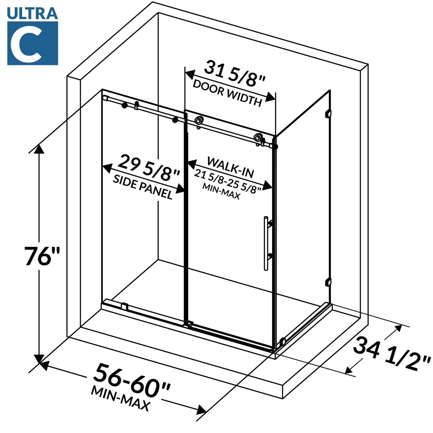 56-60 W x 76 H x 34 1/2 D Sliding Frameless Shower Enclosure ULTRA-C with Clear Glass in Chrome - Shower Doors