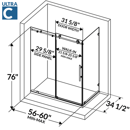 56-60 W x 76 H x 34 1/2 D Sliding Frameless Shower Enclosure ULTRA-C with Clear Glass in Chrome - Shower Doors