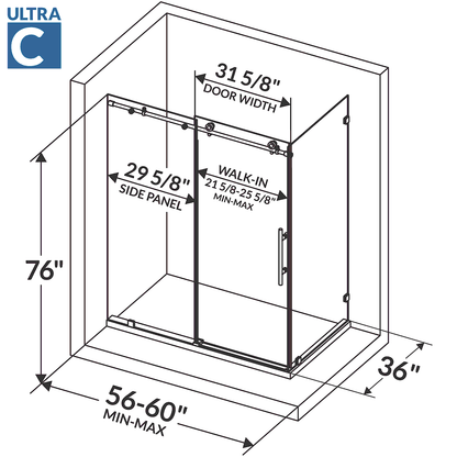 56-60 W x 76 H x 36 D Sliding Frameless Shower Enclosure ULTRA-C with Clear Glass in Matte Black - Shower Doors
