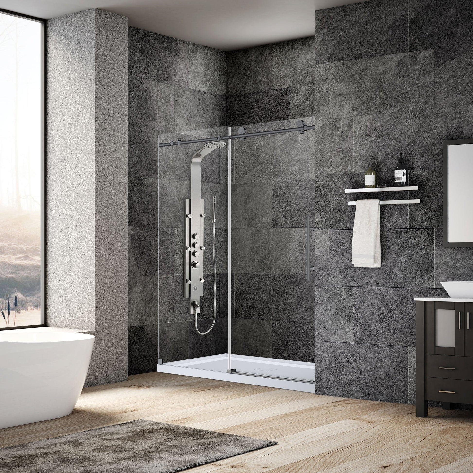 56 60 W x 76 H Sliding Frameless Shower Door ULTRA C with Clear Glass in Matte Black Shower Doors
