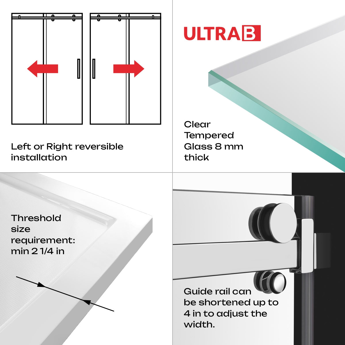 56-60 W x 76 H Sliding Shower Semi-Frameless Door ULTRA-B with Clear Glass in Chrome - Shower Doors