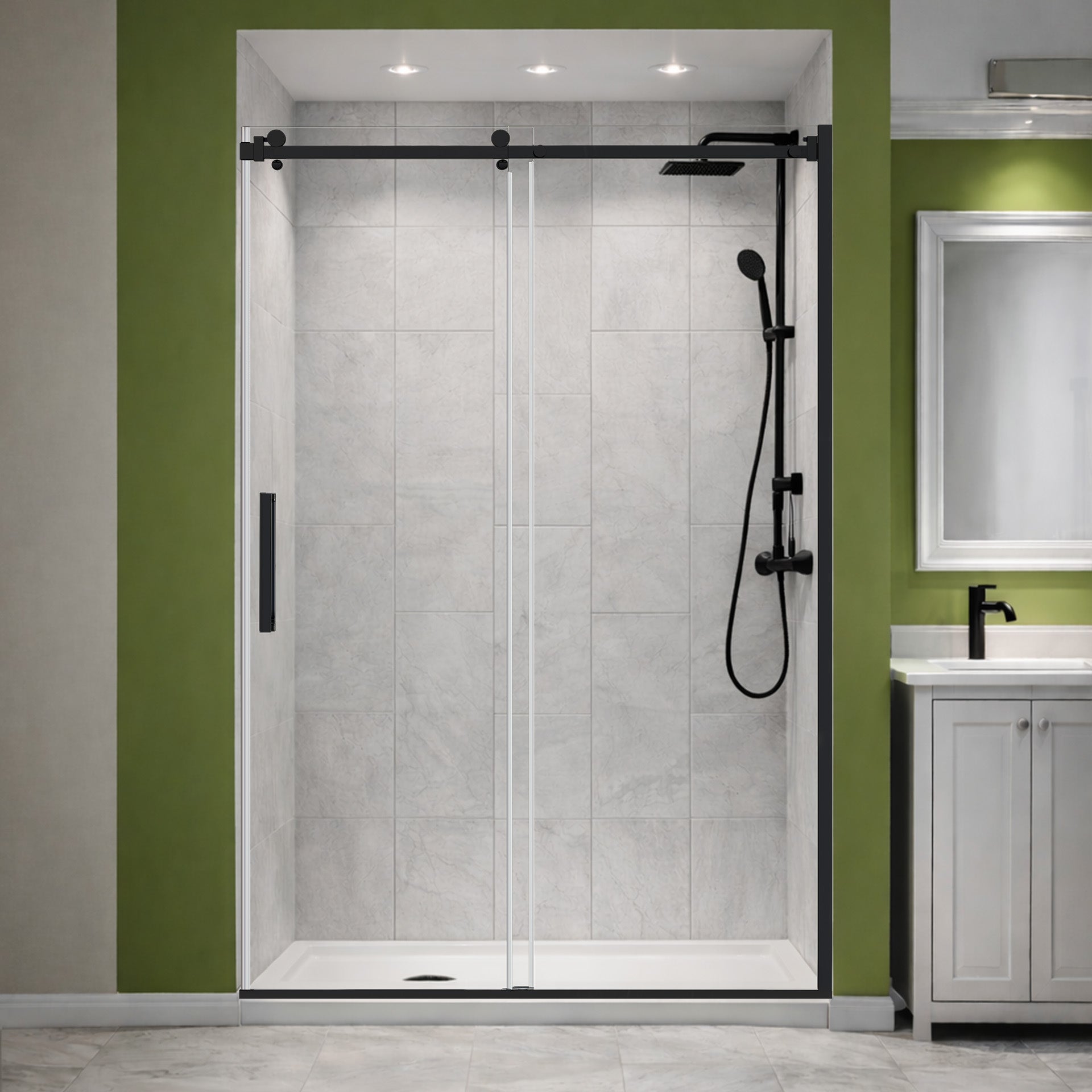 56-60 W x 76 H Sliding Shower Semi-Frameless Door ULTRA-B with Clear Glass in Matte Black - Shower Doors