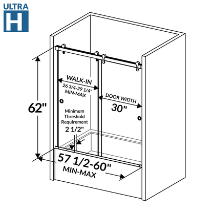 57 1/2-60 W x 62 H Bypass Sliding Bathtub Door ULTRA-H Brushed Nickel - Shower Doors