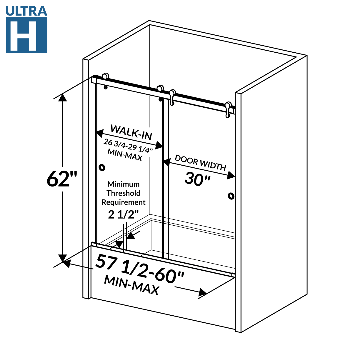 57 1/2-60 W x 62 H Bypass Sliding Bathtub Door ULTRA-H Chrome - Shower Doors
