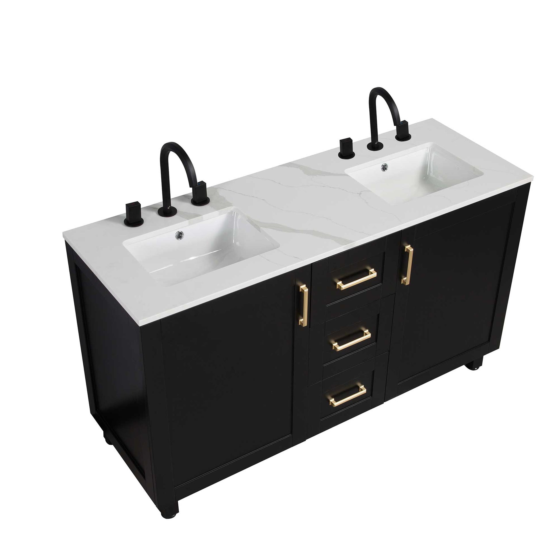 60’’ Freestanding Double Bathroom Vanity in Black with Quartz Stone Countertop - Bathroom Vanities
