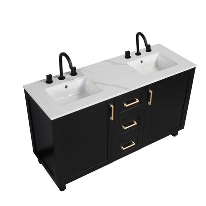 60’’ Freestanding Double Bathroom Vanity in Black with Quartz Stone Countertop - Bathroom Vanities