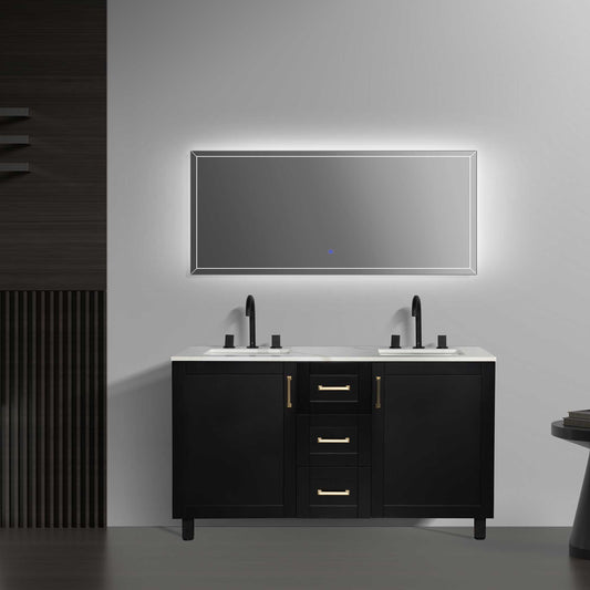 60’’ Freestanding Double Bathroom Vanity in Black with Quartz Stone Countertop - Bathroom Vanities