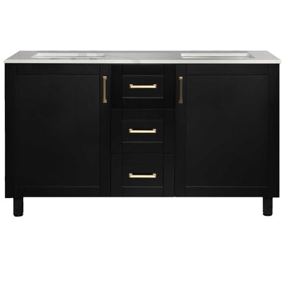 60’’ Freestanding Double Bathroom Vanity in Black with Quartz Stone Countertop - Bathroom Vanities