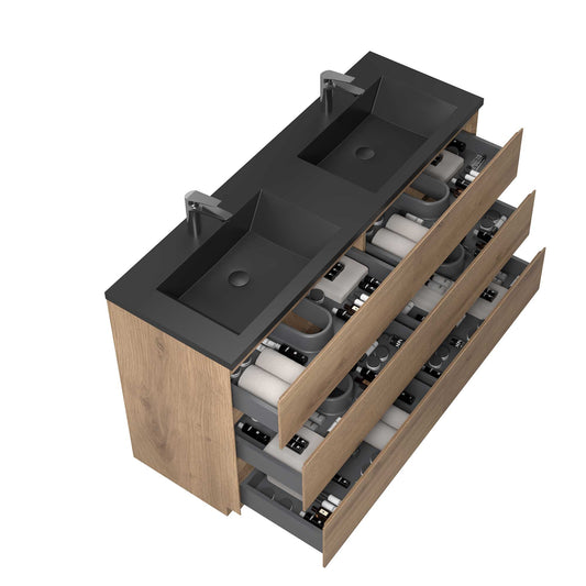 60’’ Freestanding Double Bathroom Vanity in Oak with Black Quartz Integrated Sink - Bathroom Vanities