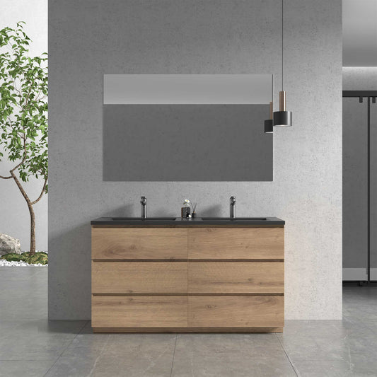60’’ Freestanding Double Bathroom Vanity in Oak with Black Quartz Integrated Sink - Bathroom Vanities
