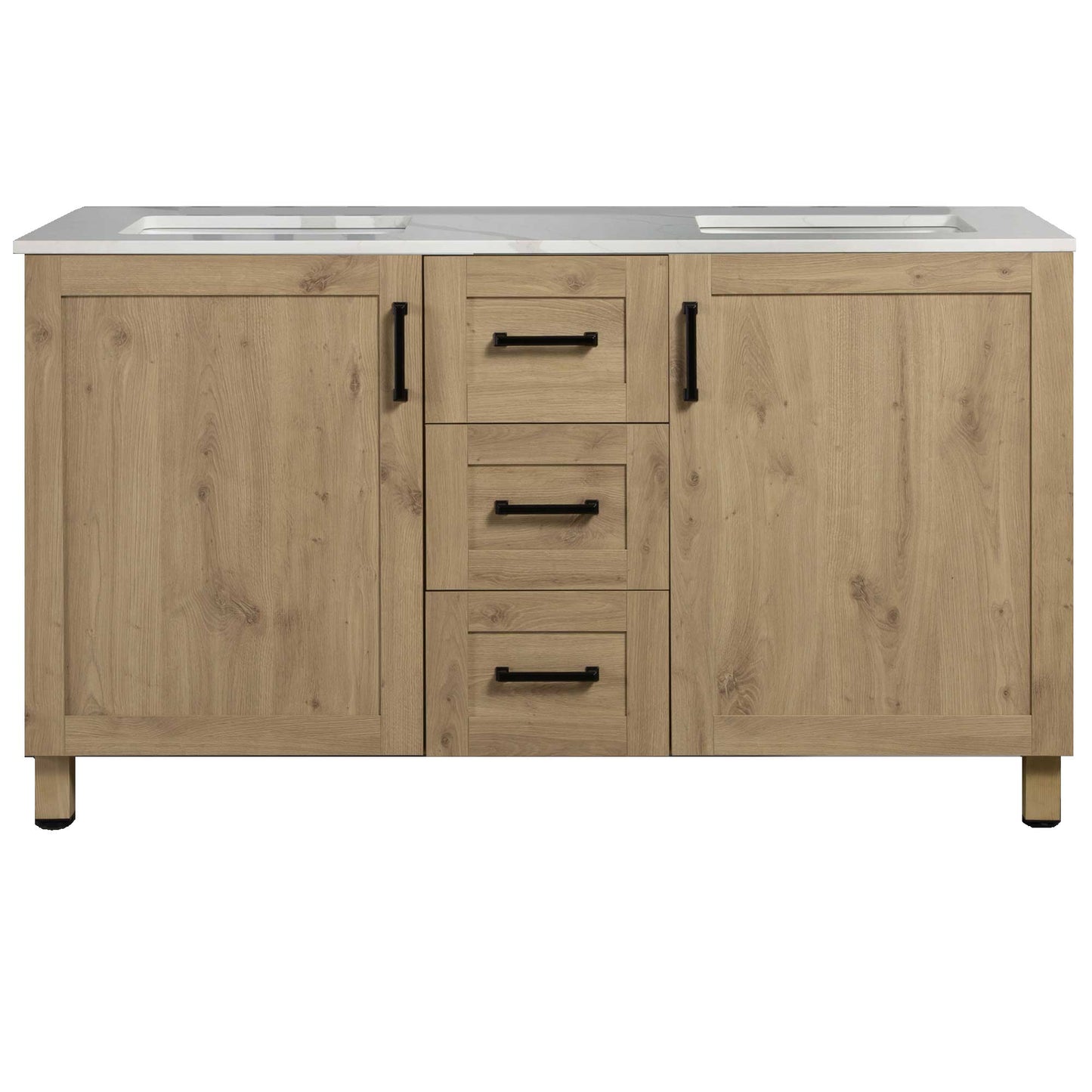 60’’ Freestanding Double Bathroom Vanity in Oak with Quartz Stone Countertop - Bathroom Vanities