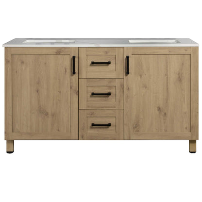 60’’ Freestanding Double Bathroom Vanity in Oak with Quartz Stone Countertop - Bathroom Vanities
