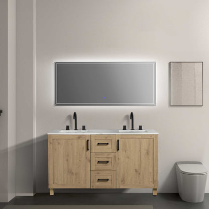 60’’ Freestanding Double Bathroom Vanity in Oak with Quartz Stone Countertop - Bathroom Vanities