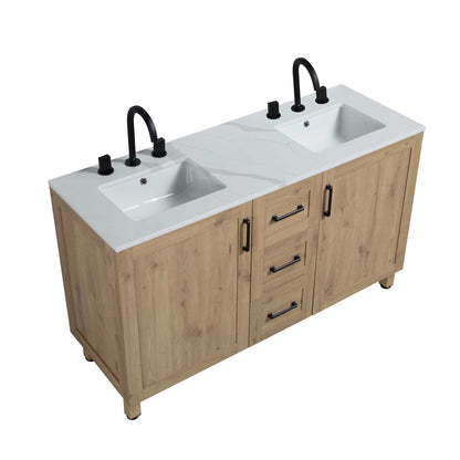 60’’ Freestanding Double Bathroom Vanity in Oak with Quartz Stone Countertop - Bathroom Vanities