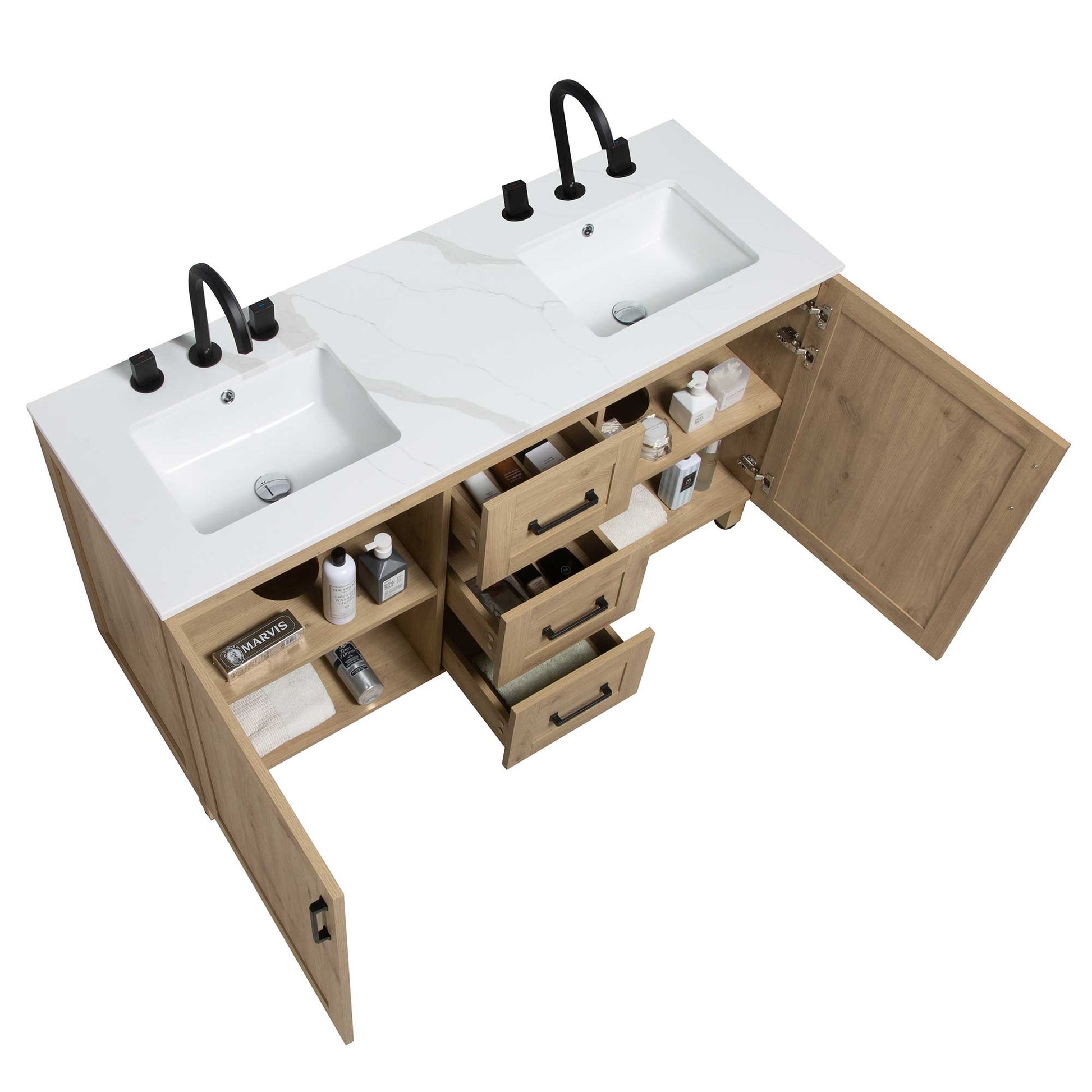 60’’ Freestanding Double Bathroom Vanity in Oak with Quartz Stone Countertop - Bathroom Vanities