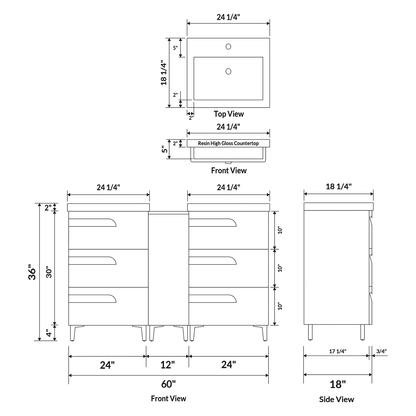 60’’ Freestanding Vanity Set in White Gloss with Two Square Sinks (LV7-C13B-60W) Style 7 - Bathroom Vanities