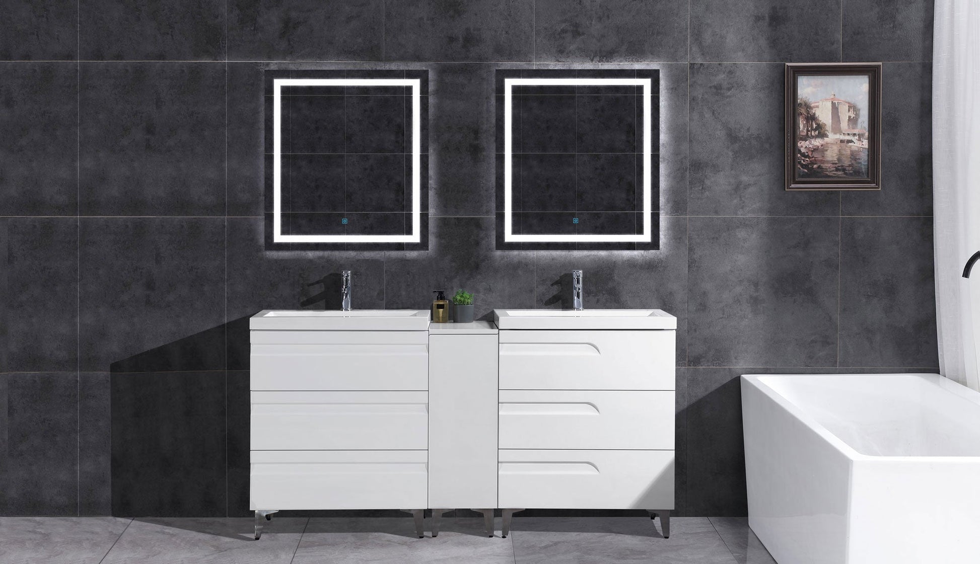 60’’ Freestanding Vanity Set in White Gloss with Two Square Sinks (LV78-C13B-60W) Style 7-8 - Bathroom Vanities