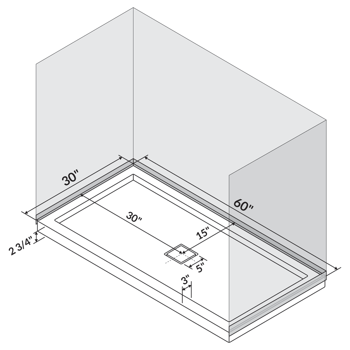 60 in x 30 in Single/Double Threshold Shower Base Pan with Center Drain - Shower Pans