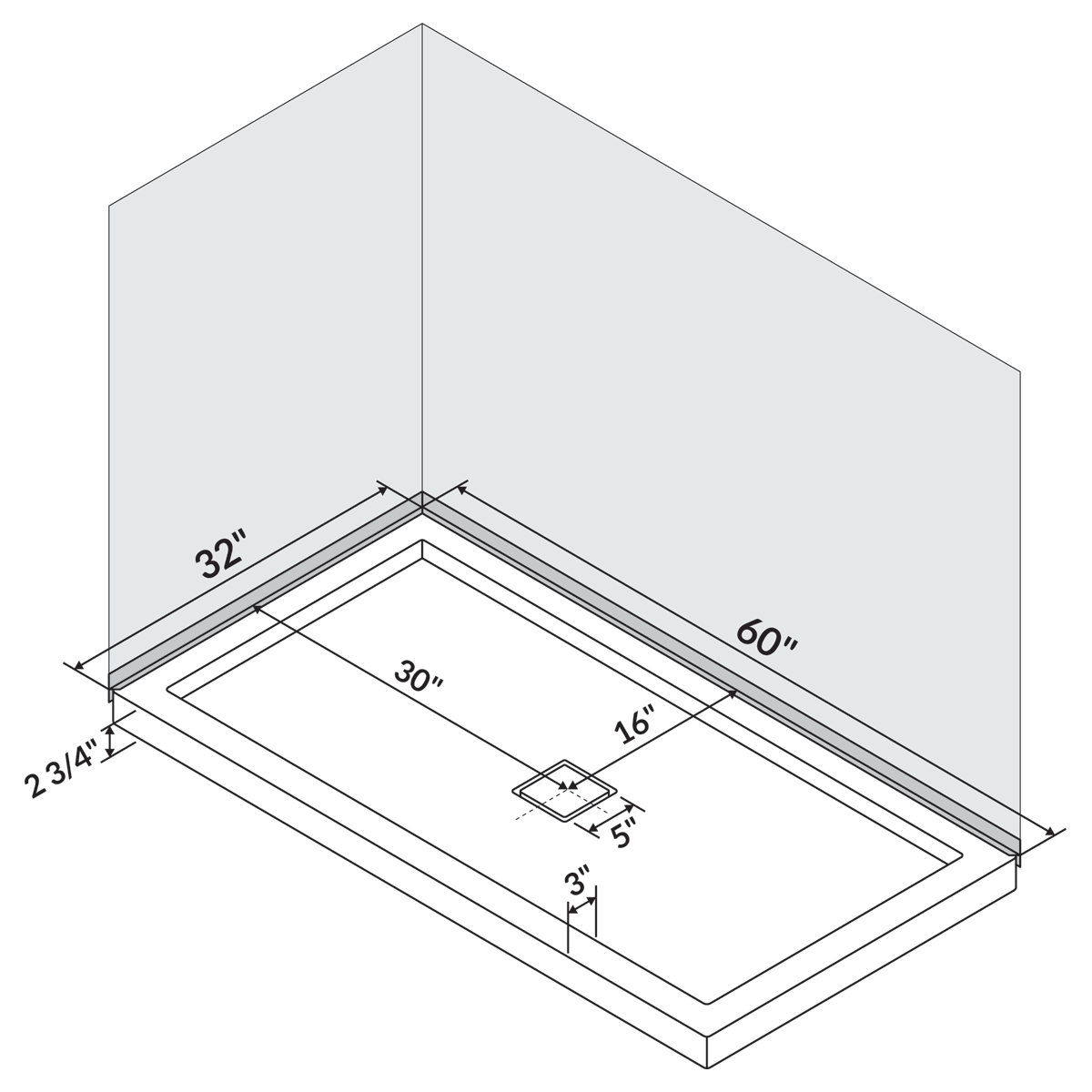 LessCare 60 x 32 Single Threshold Shower Pan Base Alcove Center Drain