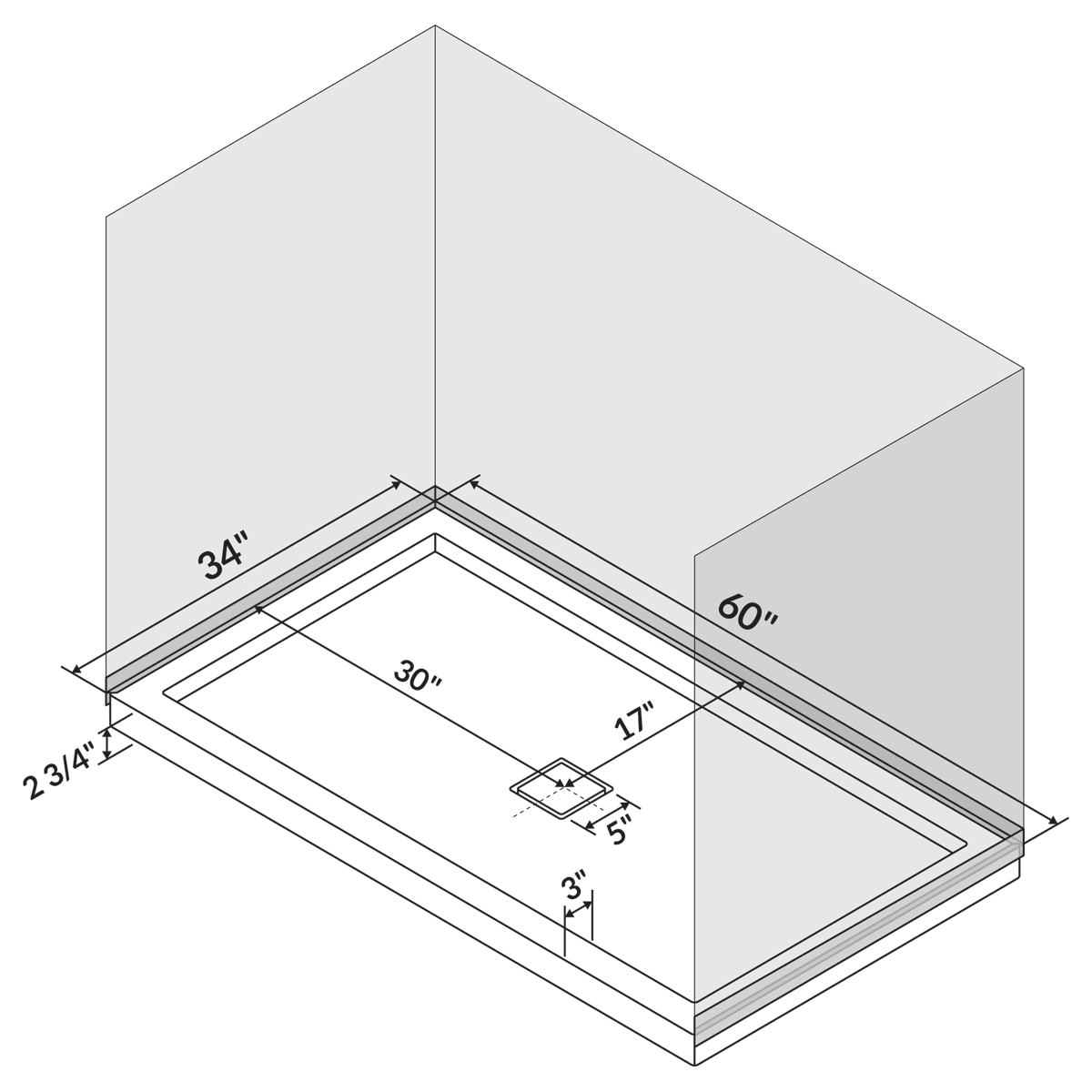 60 in x 34 in Single/Double Threshold Shower Base Pan with Center Drain - Shower Pans