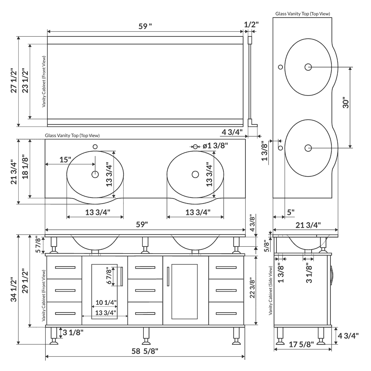 60" Espresso Modern Vanity Cabinet Set - Style 1