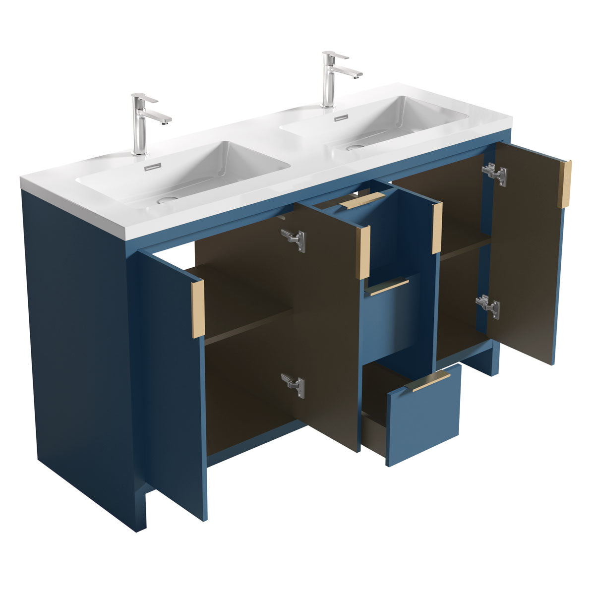 60’’ W Freestanding Double Bathroom Vanity in Blue with White Quartz Integrated Sink LV14-60B - Bathroom Vanities