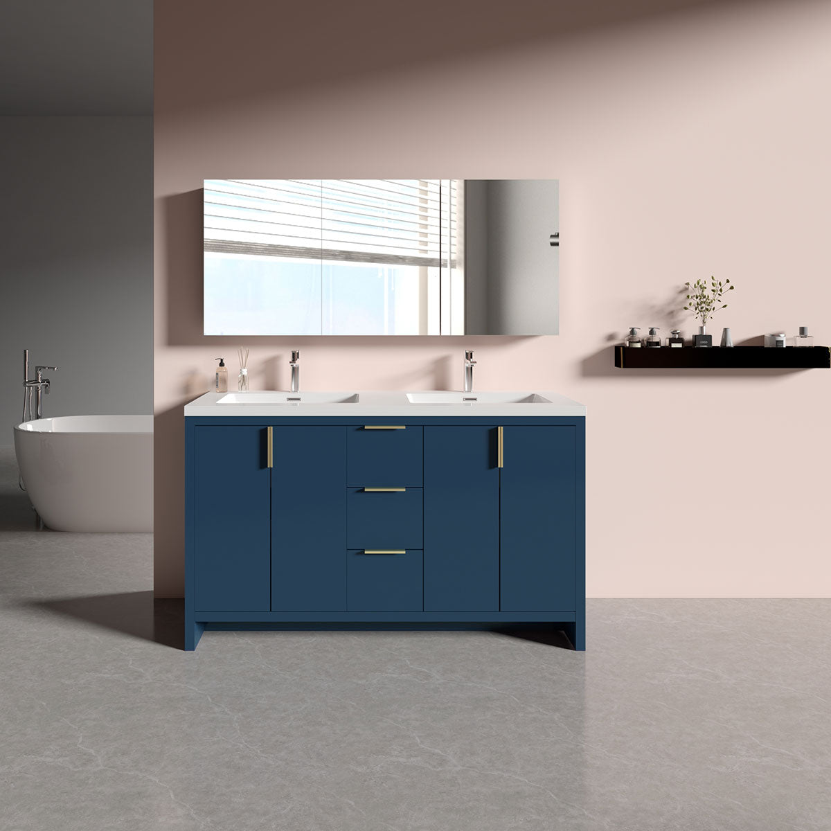 60’’ W Freestanding Double Bathroom Vanity in Blue with White Quartz Integrated Sink LV14-60B - Bathroom Vanities