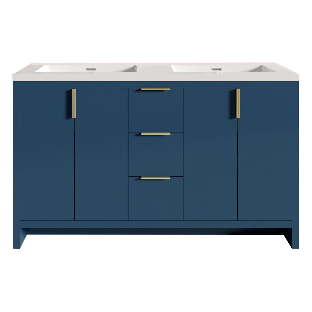 60’’ W Freestanding Double Bathroom Vanity in Blue with White Quartz Integrated Sink LV14-60B - Bathroom Vanities