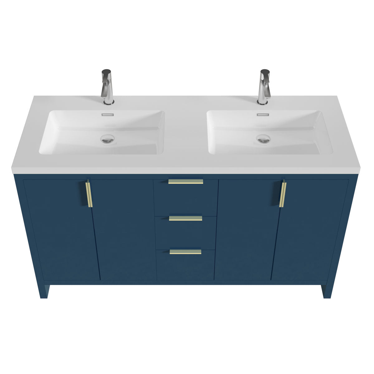 60’’ W Freestanding Double Bathroom Vanity in Blue with White Quartz Integrated Sink LV14-60B - Bathroom Vanities