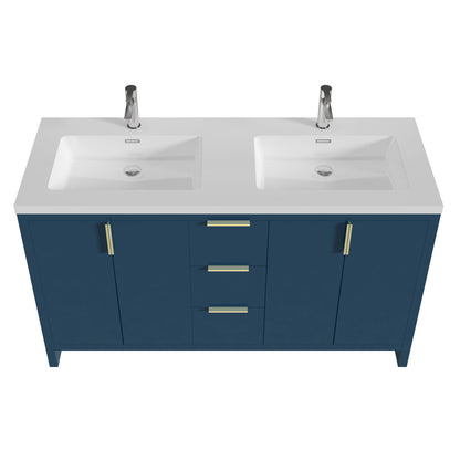 60’’ W Freestanding Double Bathroom Vanity in Blue with White Quartz Integrated Sink LV14-60B - Bathroom Vanities
