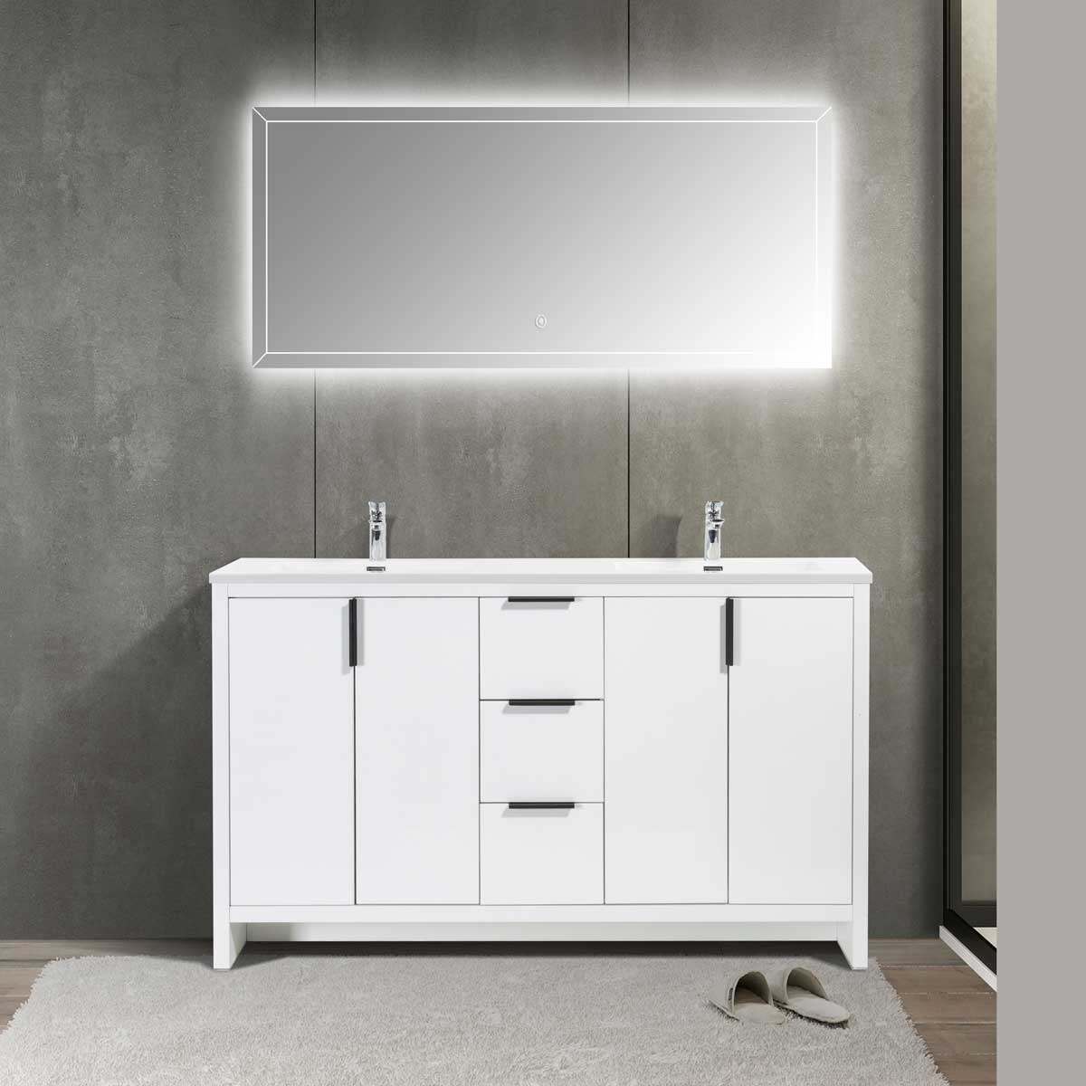 60’’ W Freestanding Double Bathroom Vanity in White Gloss with Quartz Integrated Sink LV14-60W - Bathroom Vanities