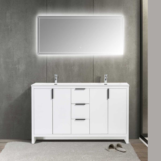 60’’ W Freestanding Double Bathroom Vanity in White Gloss with Quartz Integrated Sink LV14-60W - Bathroom Vanities
