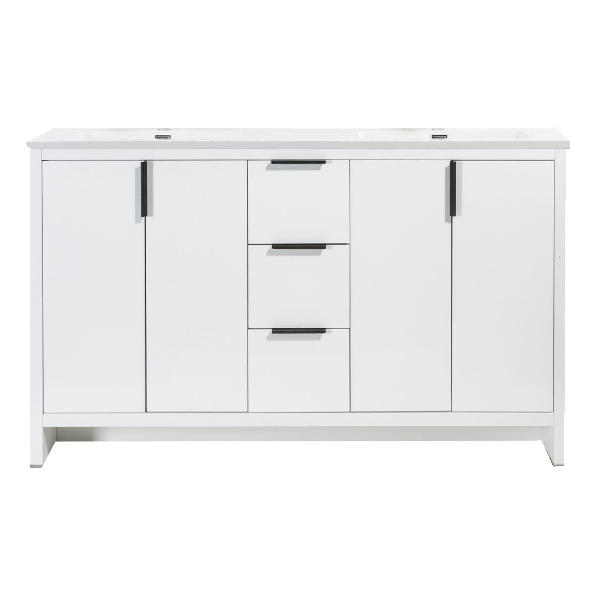 60’’ W Freestanding Double Bathroom Vanity in White Gloss with Quartz Integrated Sink LV14-60W - Bathroom Vanities