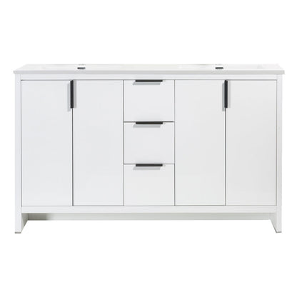 60’’ W Freestanding Double Bathroom Vanity in White Gloss with Quartz Integrated Sink LV14-60W - Bathroom Vanities