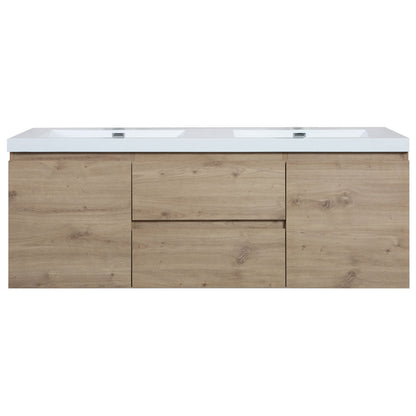60’’ Wall Mount Double Bathroom Vanity in Oak with White Integrated Double Sink LV13-60D - Bathroom Vanities