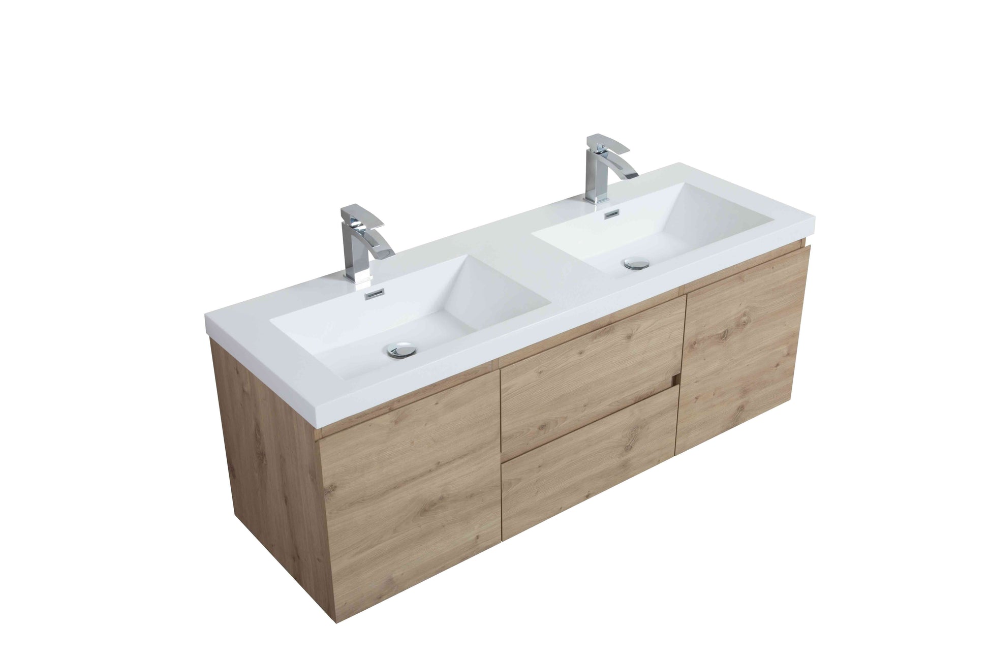 60’’ Wall Mount Double Bathroom Vanity in Oak with White Integrated Double Sink LV13-60D - Bathroom Vanities