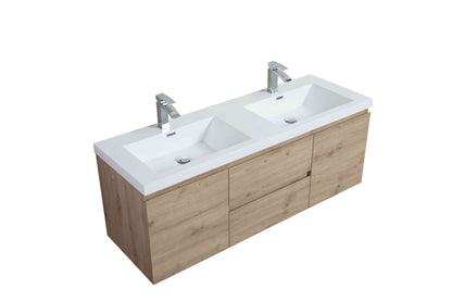 60’’ Wall Mount Double Bathroom Vanity in Oak with White Integrated Double Sink LV13-60D - Bathroom Vanities