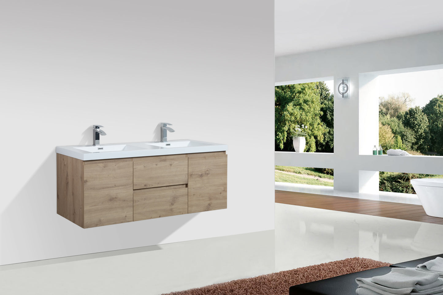 60’’ Wall Mount Double Bathroom Vanity in Oak with White Integrated Double Sink LV13-60D - Bathroom Vanities