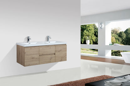 60’’ Wall Mount Double Bathroom Vanity in Oak with White Integrated Double Sink LV13-60D - Bathroom Vanities
