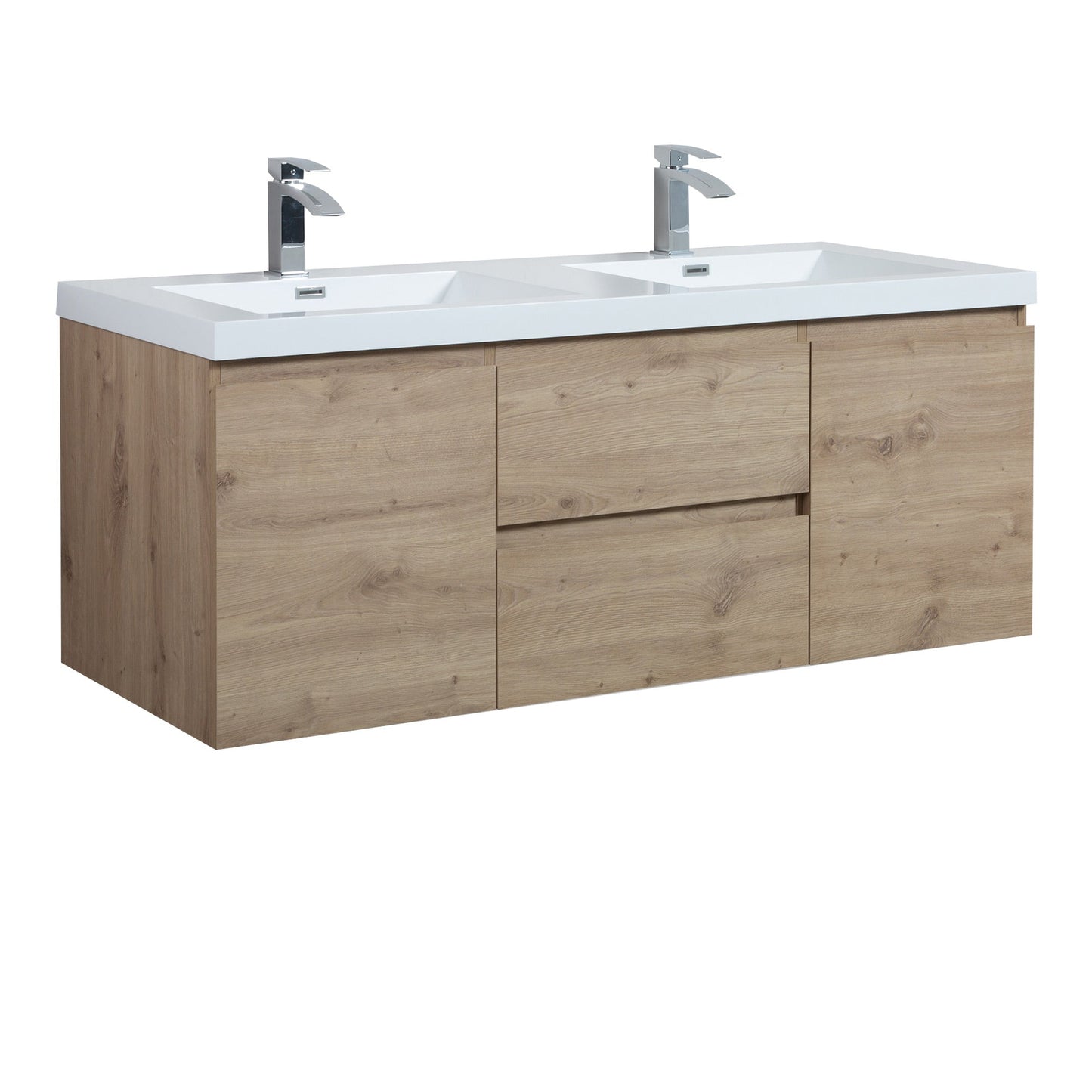 60’’ Wall Mount Double Bathroom Vanity in Oak with White Integrated Double Sink LV13-60D - Bathroom Vanities
