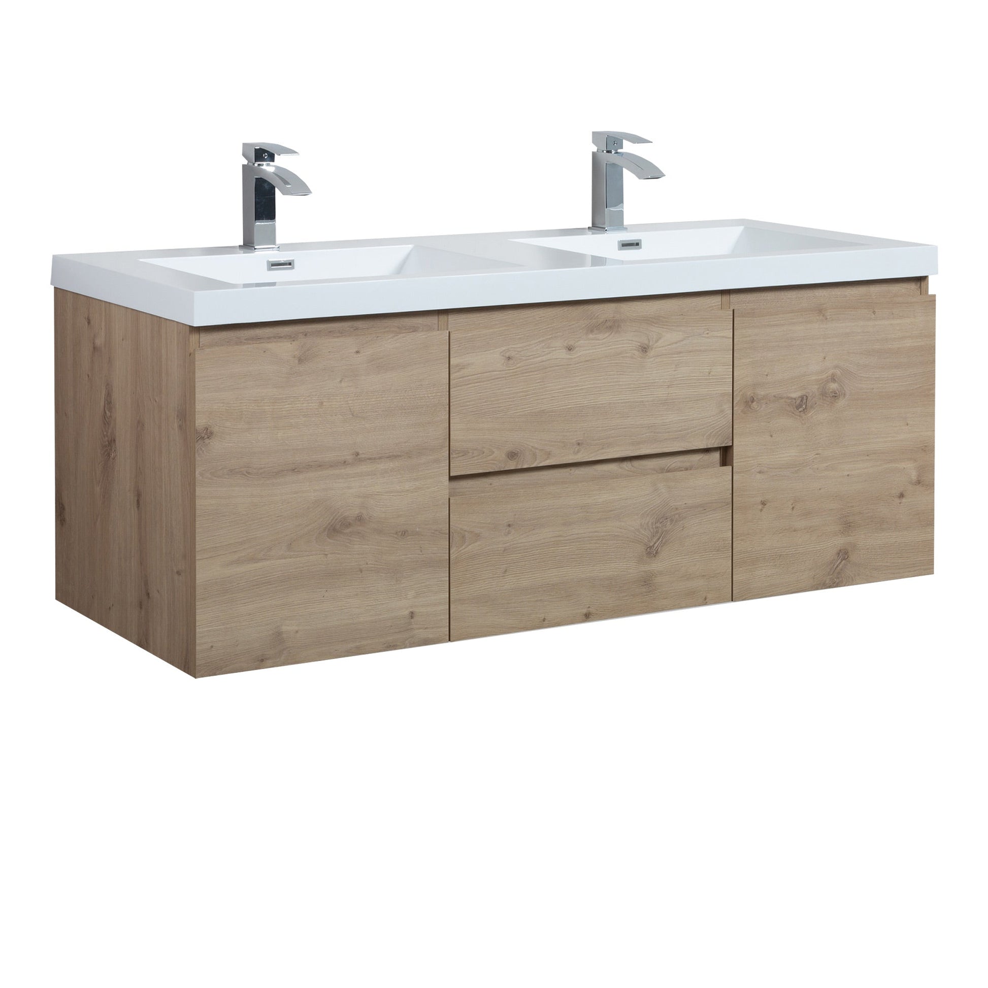 60’’ Wall Mount Double Bathroom Vanity in Oak with White Integrated Double Sink LV13-60D - Bathroom Vanities