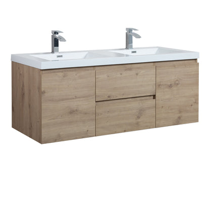 60’’ Wall Mount Double Bathroom Vanity in Oak with White Integrated Double Sink LV13-60D - Bathroom Vanities