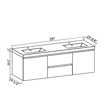 60’’ Wall Mount Double Bathroom Vanity in Oak with White Integrated Double Sink LV13-60D - Bathroom Vanities