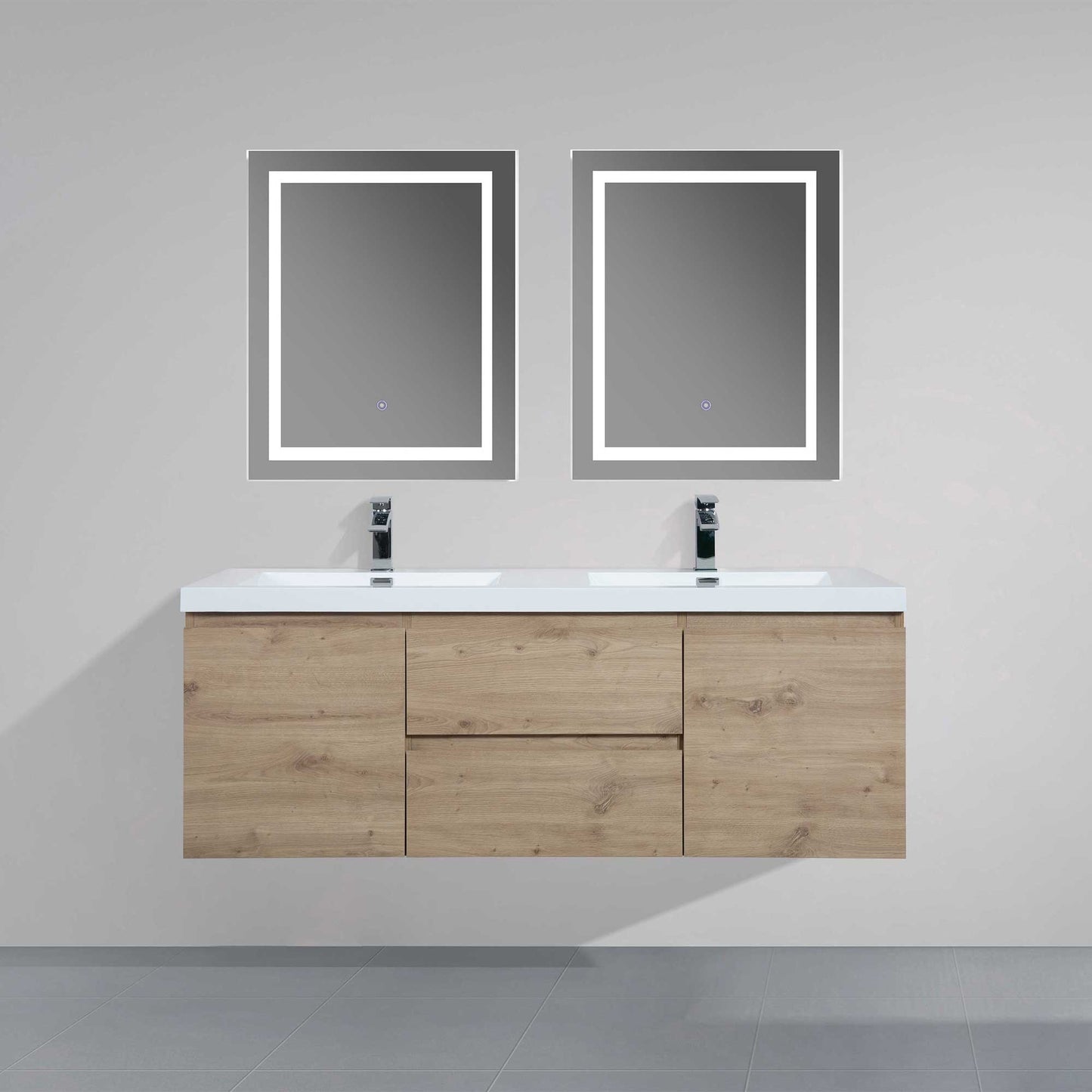 60’’ Wall Mount Double Bathroom Vanity in Oak with White Integrated Double Sink LV13-60D - Bathroom Vanities