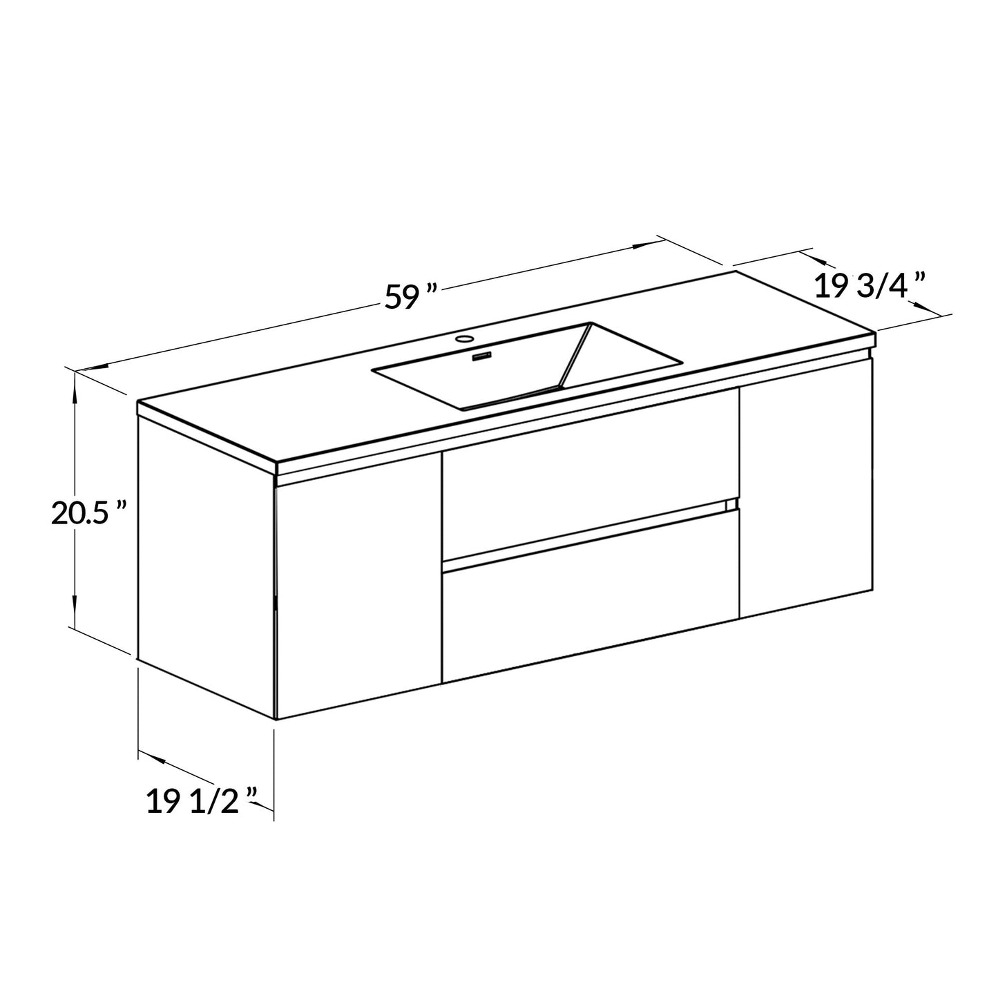 60’’ Wall Mount Single Bathroom Vanity in Oak with White Integrated Single Sink LV13-60S - Bathroom Vanities