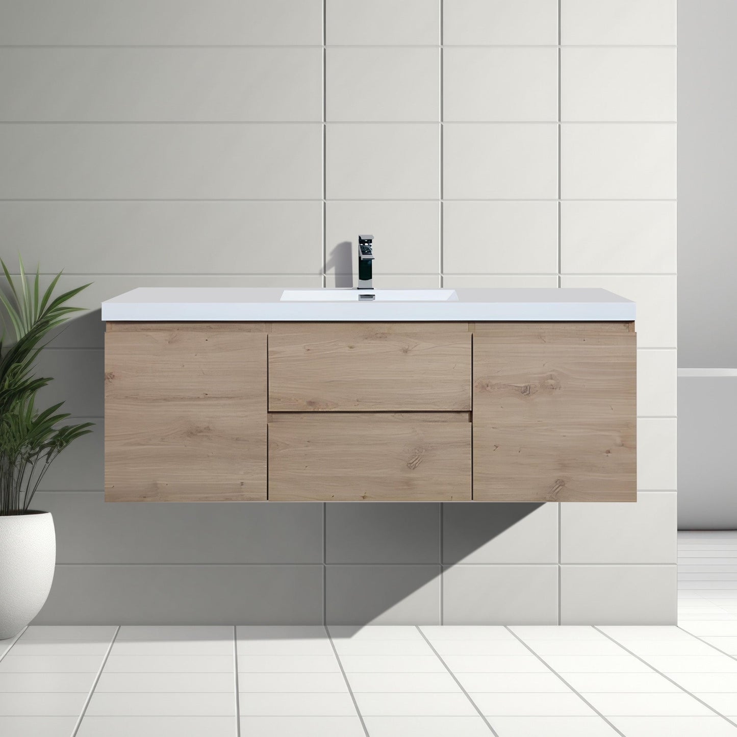 60’’ Wall Mount Single Bathroom Vanity in Oak with White Integrated Single Sink LV13-60S - Bathroom Vanities