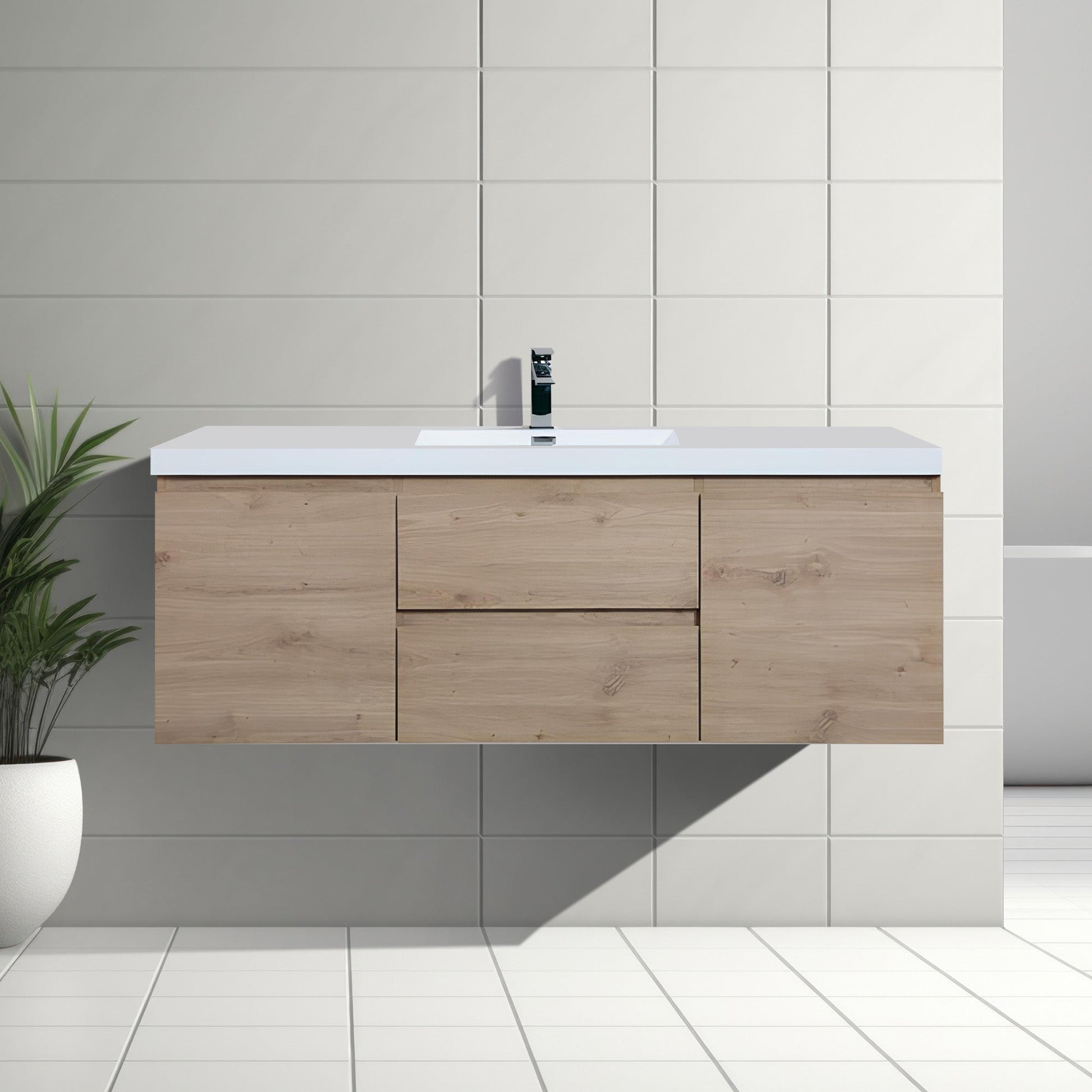60’’ Wall Mount Single Bathroom Vanity in Oak with White Integrated Single Sink LV13-60S - Bathroom Vanities